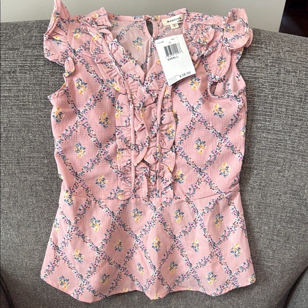 Girls Pink Floral Ruffle Blouse
